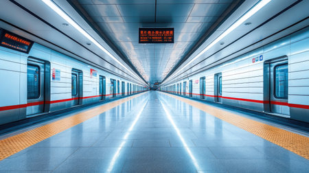 An empty subway platform in a modern Chinese metro station, leaving room for copy space.の素材
