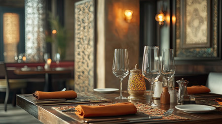 Elegant South Asian restaurant setting with traditional tableware, no people, and ample copy space.の素材