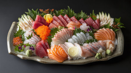 A variety of sashimi on a platter, viewed from above, with ample room for copy space.の素材