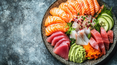 A variety of sashimi on a platter, viewed from above, with ample room for copy space.の素材