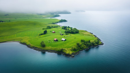Aerial view of a lush green dairy farm island with cows and barns, leaving ample room for copy space.の素材