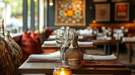 Elegant South Asian restaurant setting with traditional tableware, no people, and ample copy space.の素材