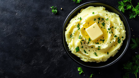Mashed potatoes topped with butter and parsley, viewed from above, with ample room for copy space around the edges.の素材