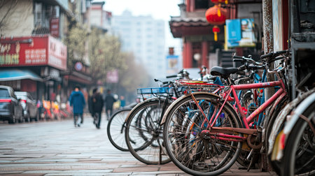 Bicycles parked on a busy Chinese street corner, leaving room for copy space in the background.の素材
