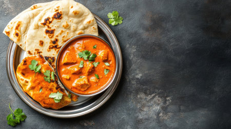 Indian butter curry in a silver plate with naan bread, top view, with a clean background for copy space.の素材