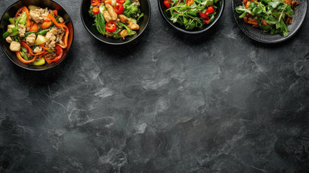 An assortment of East Asian stir-fry dishes, top view with ample copy space available.の素材