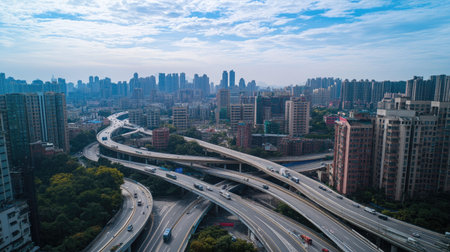 Chinese highways crisscrossing in an urban area, leaving room for copy space in the sky.の素材