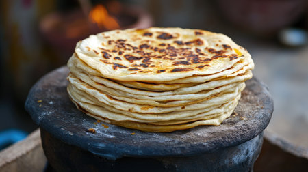 A stack of freshly made rotis on a traditional Indian clay stove (tandoor), with golden brown edges.の素材