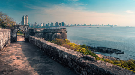A view of the Worli Fort, an old Portuguese fort overlooking the Arabian Sea, with the city in the background.の素材