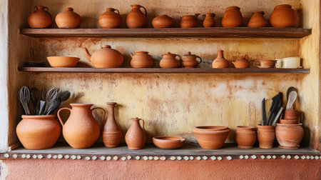 A collection of Indian clay pots and utensils, arranged neatly on a kitchen shelf.の素材