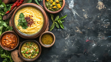 Pongal with ghee, sambar, and chutney, a classic South Indian dish. Top view with copy space.の素材