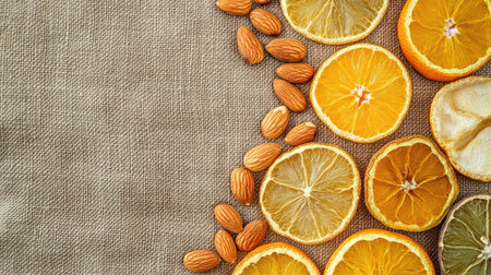Dried citrus slices and almonds arranged on a natural linen cloth, top view, copy spaceの素材