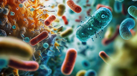 Close-up of microorganisms with space for educational textの素材