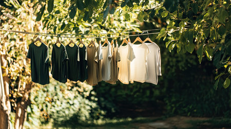 Organic cotton clothing hung on a line outdoors, space for eco-friendly text.の素材