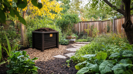 A compost bin in a backyard garden with space for a sustainability-themed message.の素材