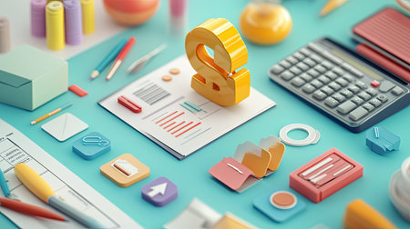 Floating 3D icons illustrating business costs, with plenty of space for copy.の素材