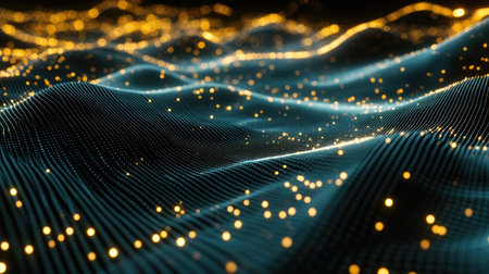 Futuristic 3D digital grid with glowing points, representing data flow, with ample copy space, no people.の素材