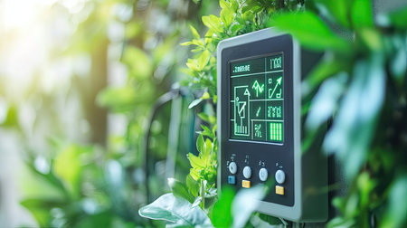 A digital smart meter displaying energy usage with space for sustainability text.の素材