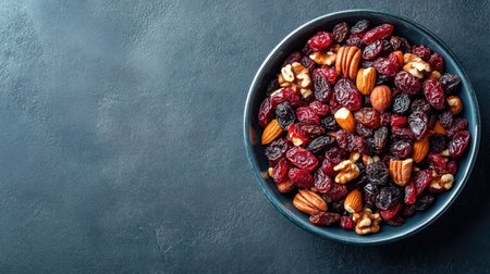 Dried cranberries, raisins, and nuts in a dish, top view with copy space around the edges.の素材