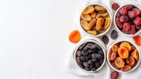 Dried fruits in small bowls arranged on a white cloth, top view, with plenty of copy space.の素材