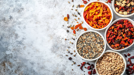 Dried fruits and seeds on a white plate, surrounded by copy space, top view.の素材