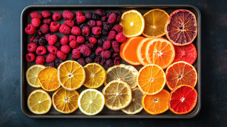 Dried citrus and berry mix displayed on a tray, top view, with ample space for text.の素材