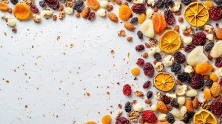 Dried fruit and nuts placed in geometric patterns, top view with clear copy space.の素材