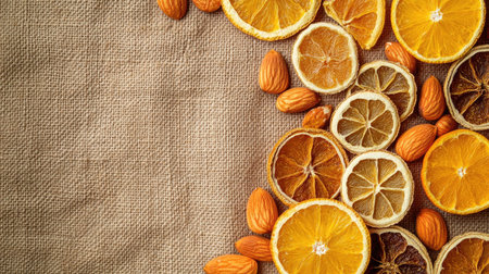 Dried citrus slices and almonds arranged on a natural linen cloth, top view, copy spaceの素材