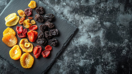 Mixed dried fruit placed in small sections on a slate board, top view, plenty of copy space.の素材