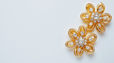 Golden earrings with diamonds displayed on a white background with ample space for text.の素材
