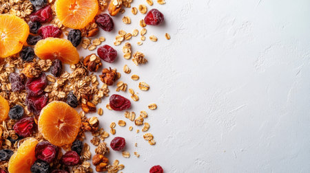 Top view of dried fruit and granola on a white surface, with space for copy.の素材