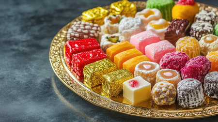 Assorted sweets in vibrant colors placed on a gold platter with copy space for celebration greetings.の素材