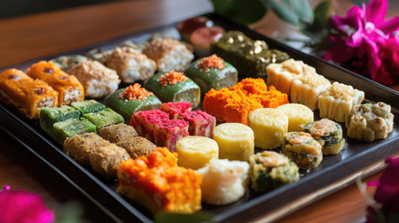 A vibrant tray of assorted mithai placed on a festive table, with space for personalized messages.の素材
