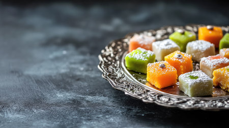 Traditional Indian sweets served on a silver plate, with empty space for advertising or greetings.の素材