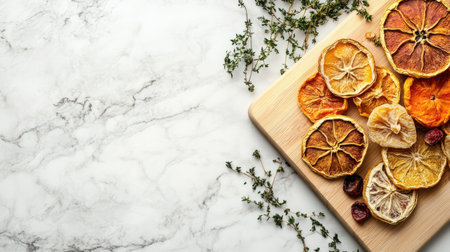 Top view of dried fruit on a cutting board with sprigs of herbs, leaving room for copy space.の素材
