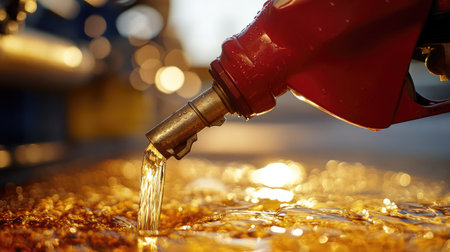 Close-up of gasoline being pumped into a container, with space for fuel industry adsの素材