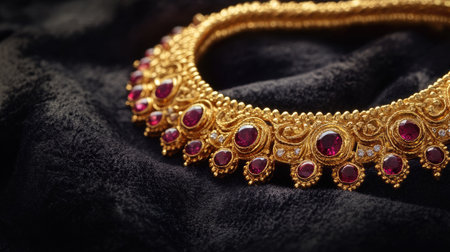 Gold necklace with rubies displayed on a dark velvet cloth with space for jewelry promotionsの素材