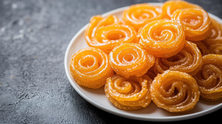 Close-up of golden jalebi pieces on a white plate, surrounded by copy space for festive greetings.の素材