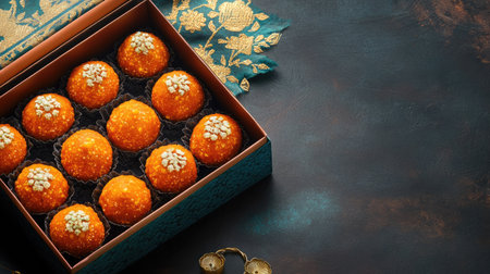 A box of motichoor laddoos with decorative surroundings and space for promotional text.の素材