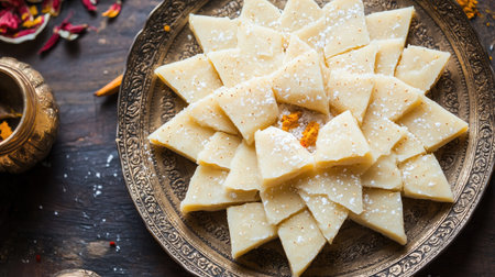 Kaju katli pieces neatly arranged on a platter with space for copy, ideal for festival greetings.の素材