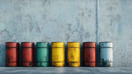 Barrels of mineral oil lined up on a concrete surface, with space for copy or promotional text.の素材