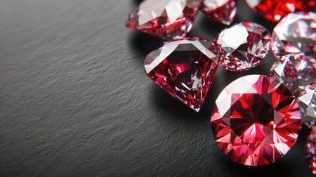 Close-up of shining diamonds and rubies on a black background with plenty of space for marketing copy.の素材