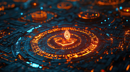 Close-up of glowing symbols of Indian spirituality combined with digital technology, with room for text.の素材