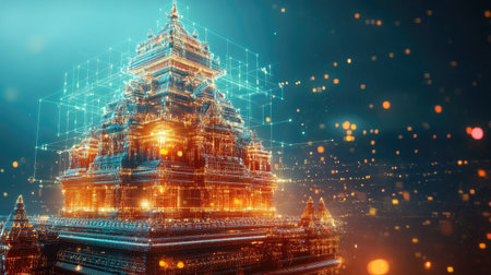 Abstract Indian temple structure connected with digital networks, leaving space for tech belief messages.の素材