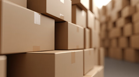 Row of stacked cardboard boxes ready for shipment, leaving room for logistics-related text.の素材