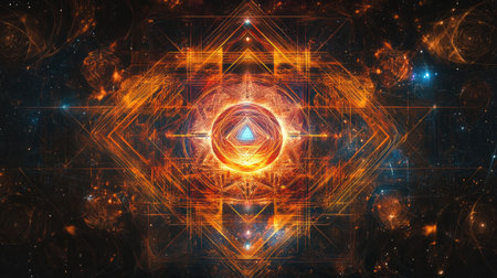 Tech-infused sacred Indian geometry on a digital canvas, with room for messaging on technology beliefs.の素材