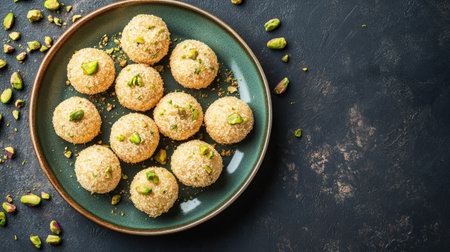 Indian sweets with pistachio garnish on a ceramic plate with copy space for branding or marketing text.の素材