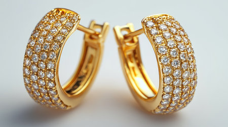Golden earrings with diamonds displayed on a white background with ample space for text.の素材