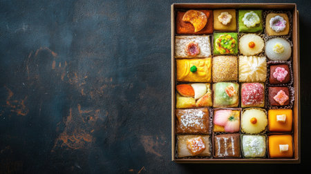 Traditional Indian sweets arranged in a box with space for copy, perfect for festive advertisingの素材