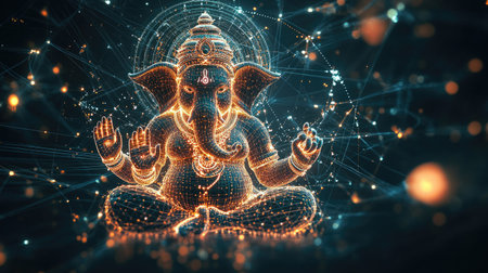 Digital Ganesh figure made from circuit lines and particles, with room for technology belief copy.の素材